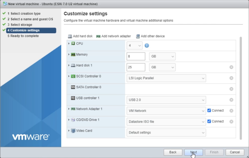 ESXi7 VMWare Virtual Machine Customize Settings